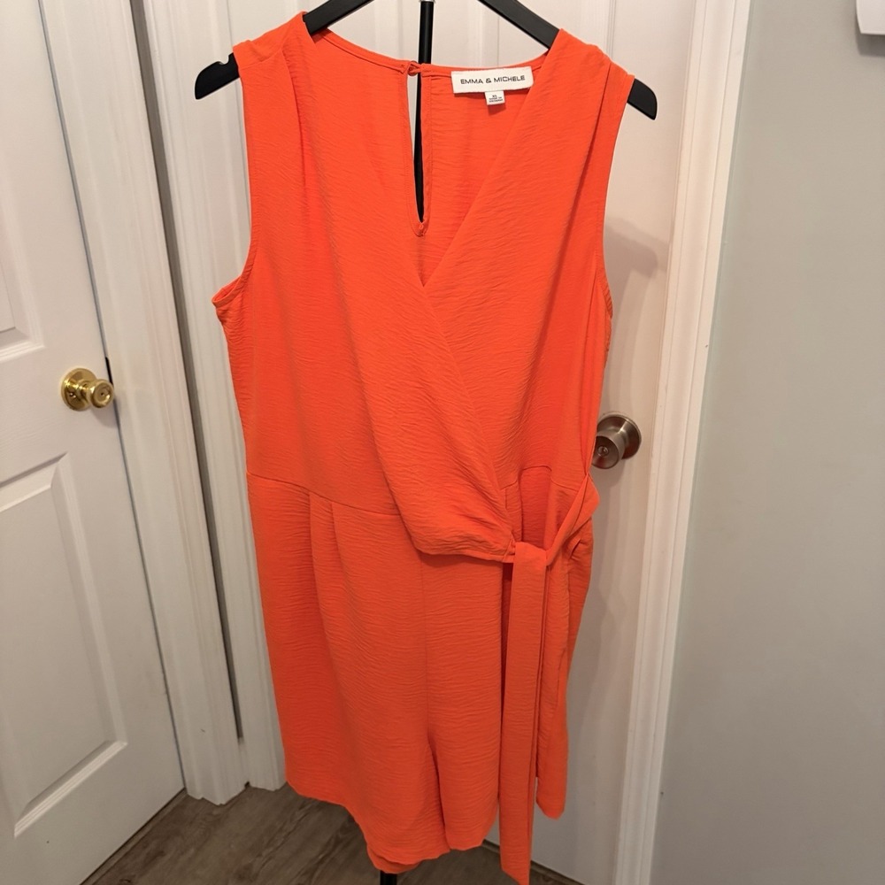 Emma & Michele Orange Faux Wrap Romper XL Tropical vacation Cruise Brunch Party